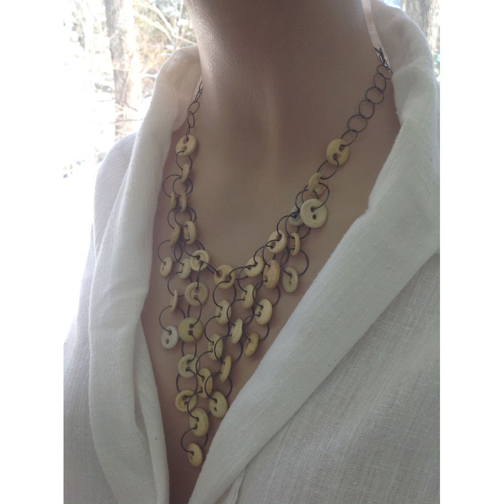 Image of bone button fringe necklace