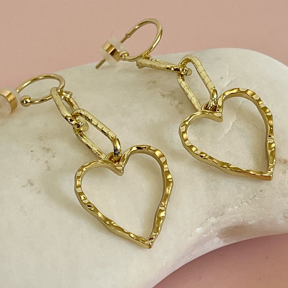 Image of Gold Textured Heart and Chain Half Hoops