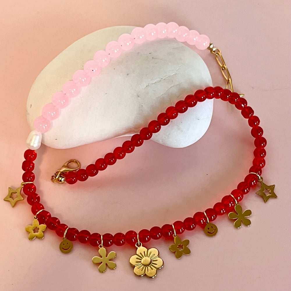 Image of Red and Pink Beaded Necklace with Gold Flower Charms