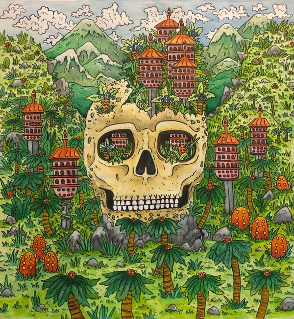 Image of Condos In The Head Of God: original 14x14 watercolor and ink