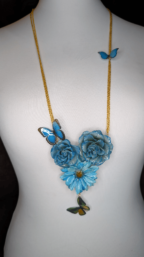 Image of OOAK Blue Rose & Art Butterfly Necklace 