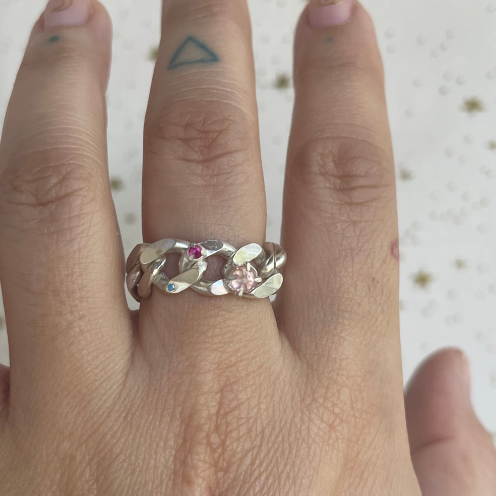 Image of pink tourmaline and chain ring