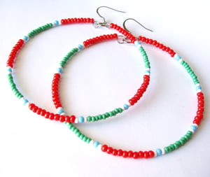 Image of African & Tribal Inspired Large Beaded Hoops - Red, Green, White and Turquoise accents