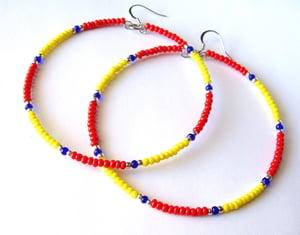 Image of African & Tribal Inspired Large Beaded Hoops - Red, Yellow with Silver, Deep Blue accents