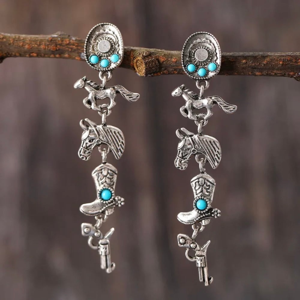 Image of Pistol Boots Horse Inlay Turquoise  Drop Earrings 