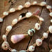 Image of Dainty Hawaiian puka shell wrap bracelet or necklace  with a Tahitian pearl and a pink cone shell