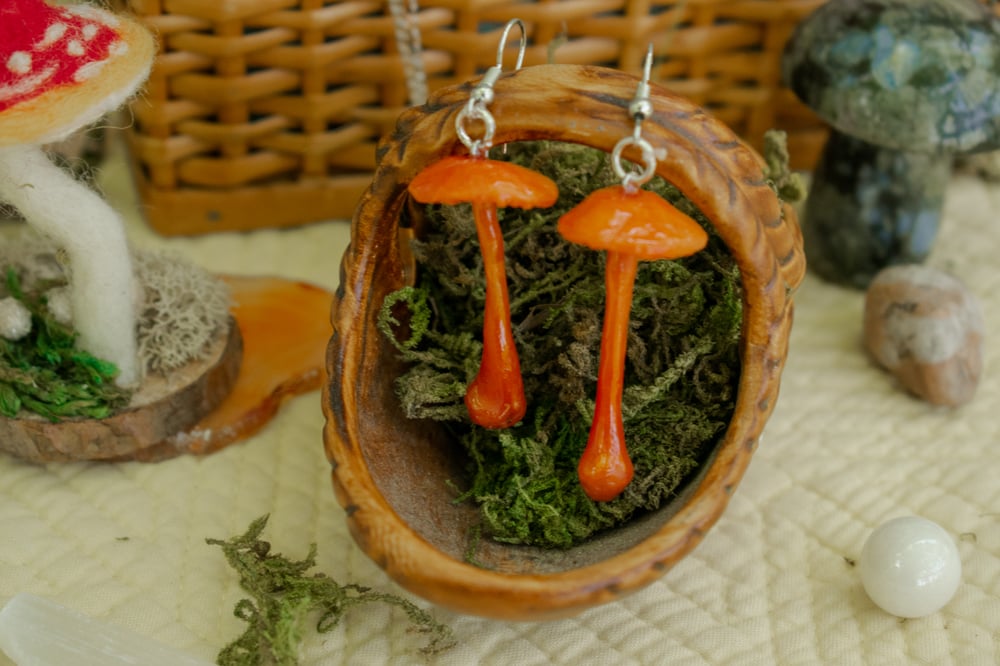 Image of Orange Mycena Mushroom Earrings