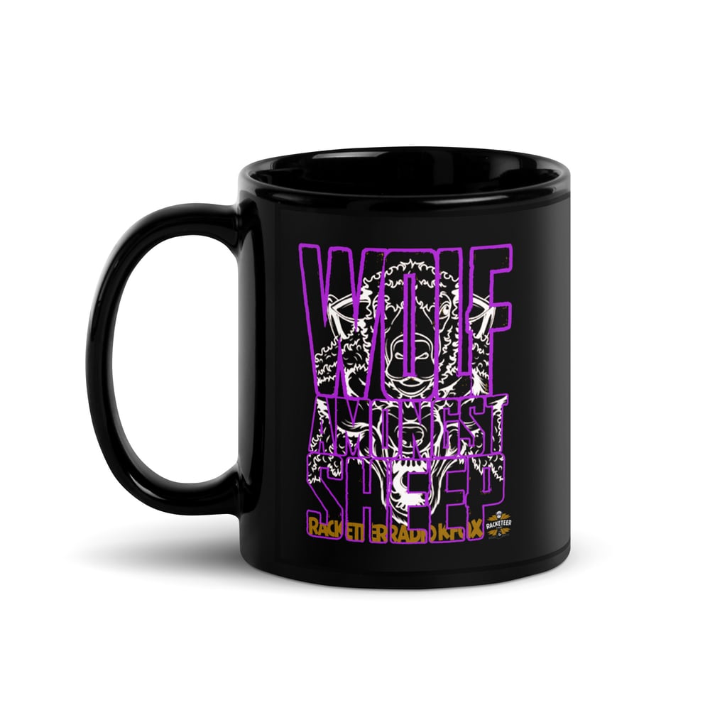 Racketeer Radio KFQX Wolf Amongst Sheep Purp Black Glossy Mug