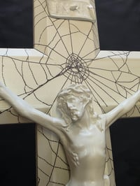 Image 1 of Beautiful white 2 way vintage crucifix with preserved spider web  wall hanging - 2