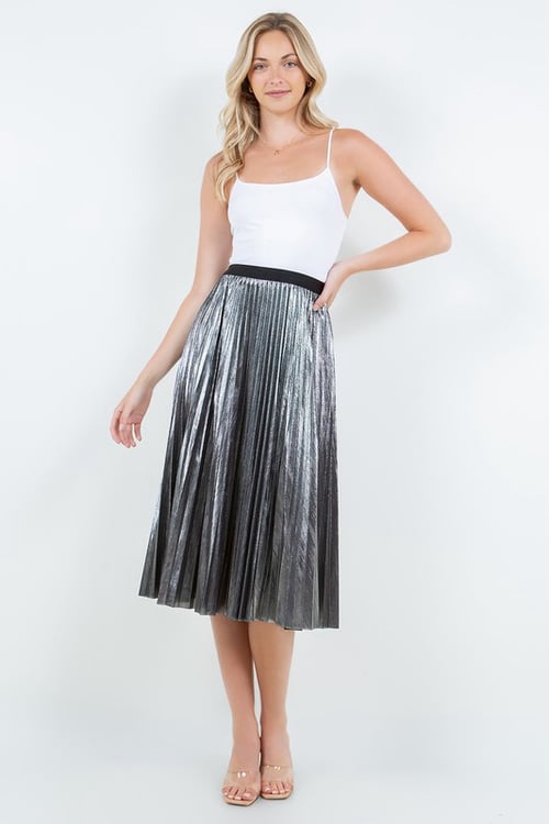 Image of Metallic Silver Pleated Midi Skirt