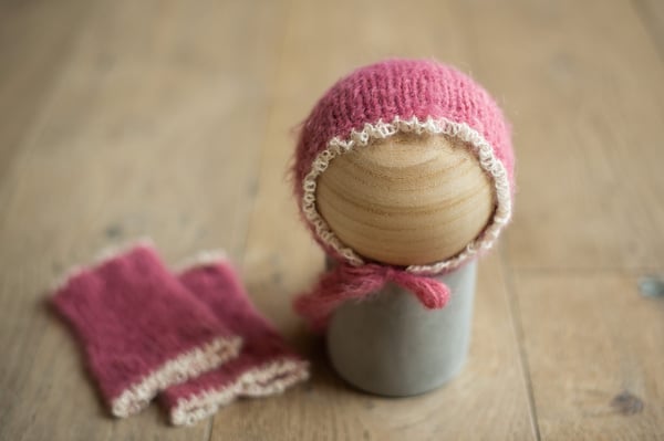 Image of Antique Rose Fuzzy Bonnet With Lacy Trim + Leggies 