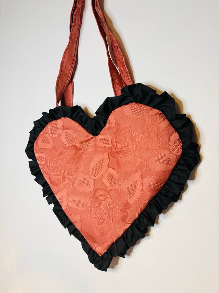Image of Burnt Rose Satin Heart Bag with Black Ruffle Trim | Upcycled Y2K Romance