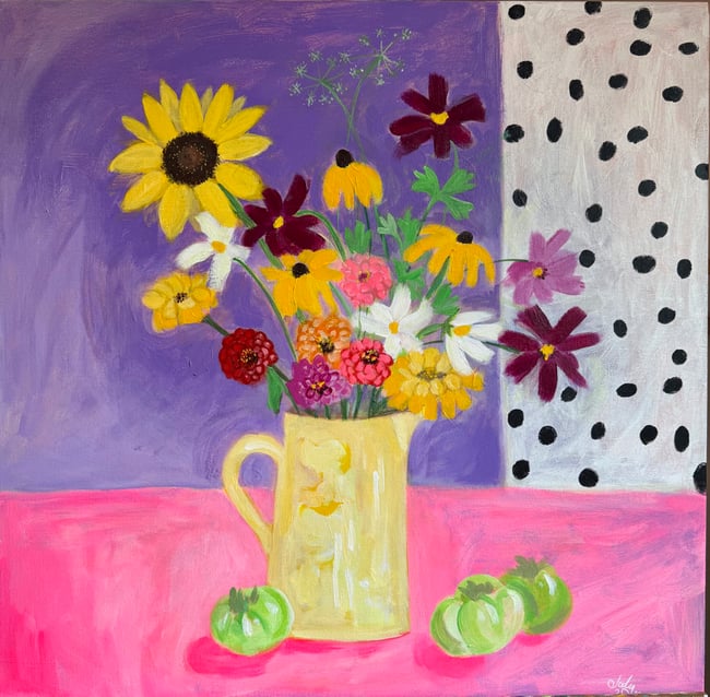 Garden flowers in a yellow pitcher with a polka dot curtain and green tomatoes. Original Painting