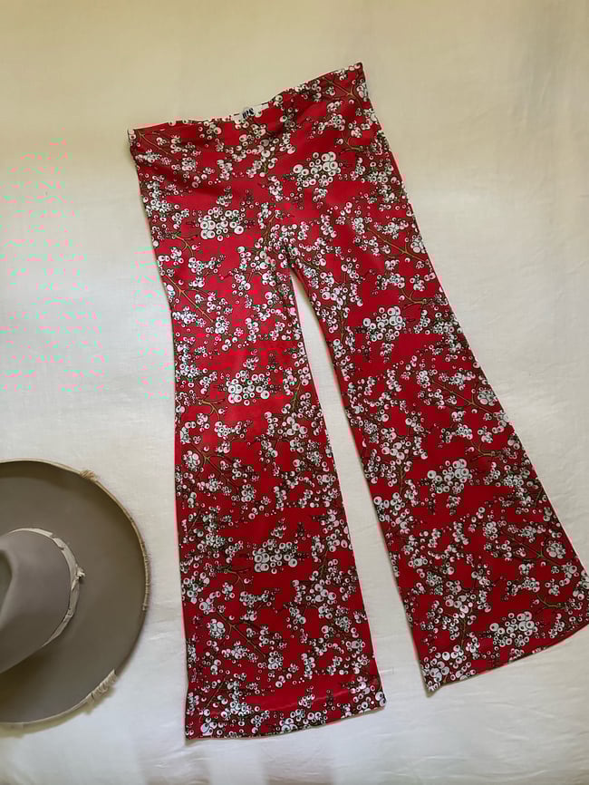 70s currant print slinky trousers