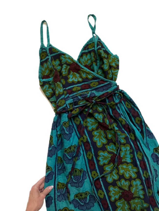 late 1960s rare India tapestry block print gauze maxi wrap dress