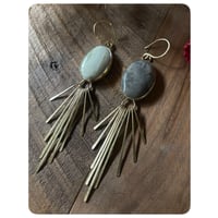 Image 3 of Mismatched Green and Grey Agate Solid Brass Fringe Earrings 