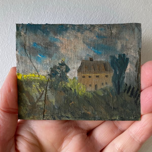 Image of Old house on the hill - tiny painting 