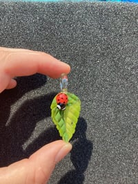 Image 2 of Green Leaf W/ Red Bug Eyed Ladybug pendant 