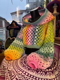 Image 1 of WHIMSY - Hooded crop top jumper flared bell sleeve - handmade crochet - acrylic - pastel rainbow