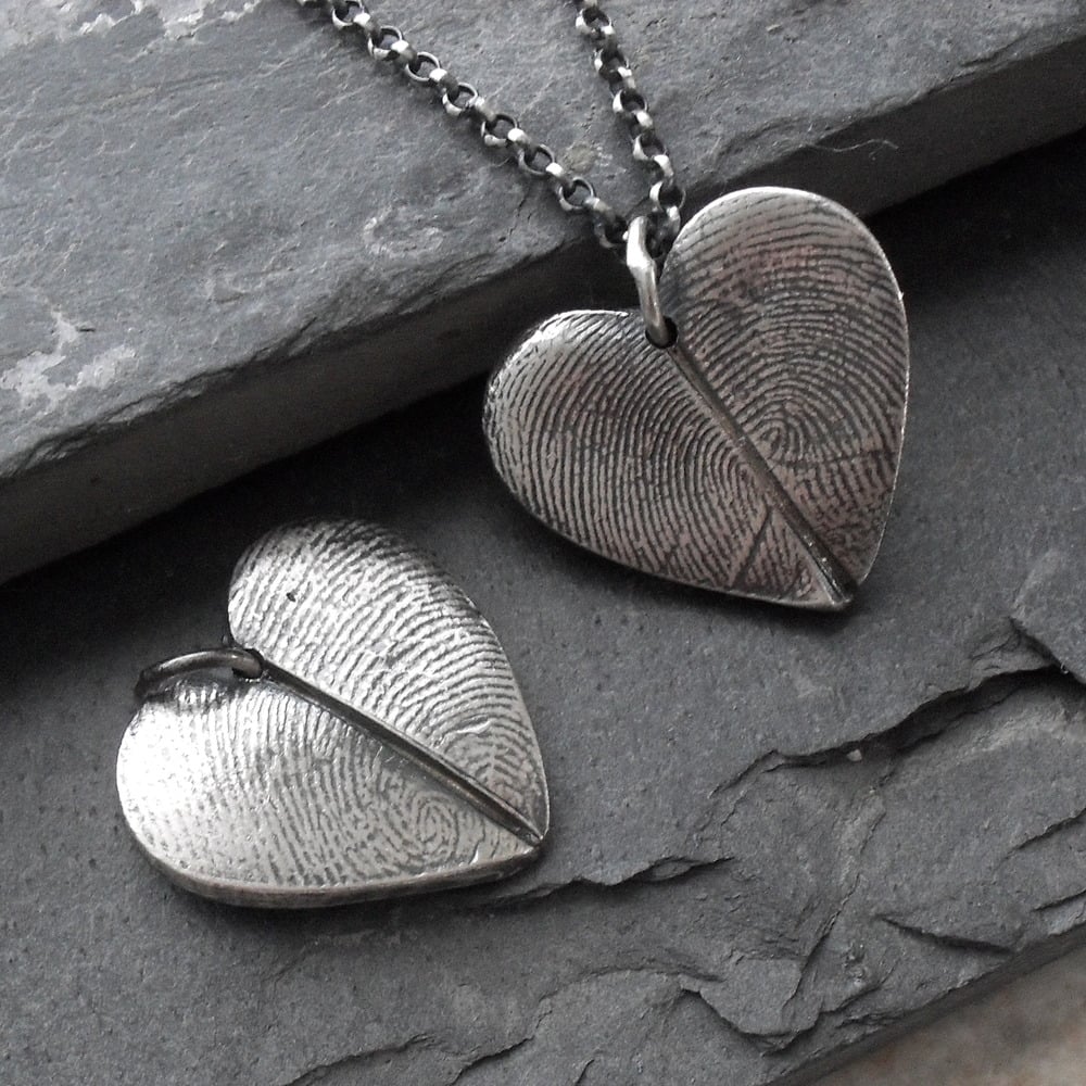 Image of Heart Fingerprint Necklace with Two Prints in Fine Silver (Style#112)