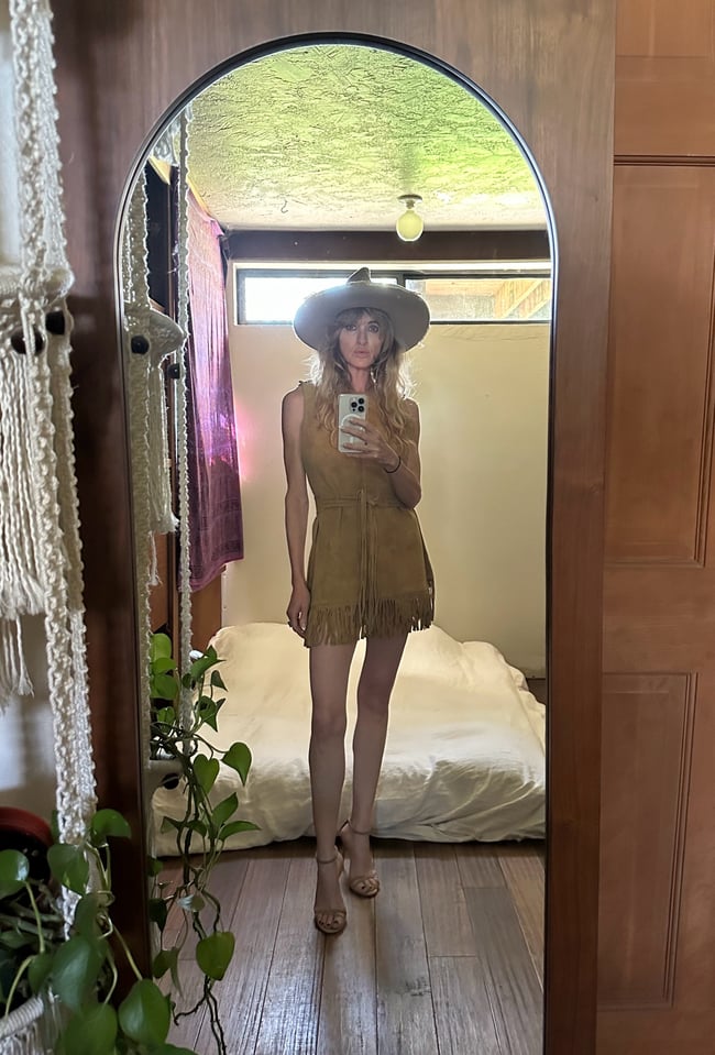 late 60s fringe wrap around suede mini dress