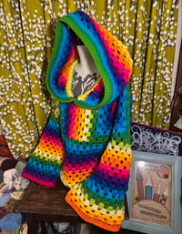 Image 5 of HYPER RAINBOW - Rainbow crochet full length large hooded jumper - long hoodie