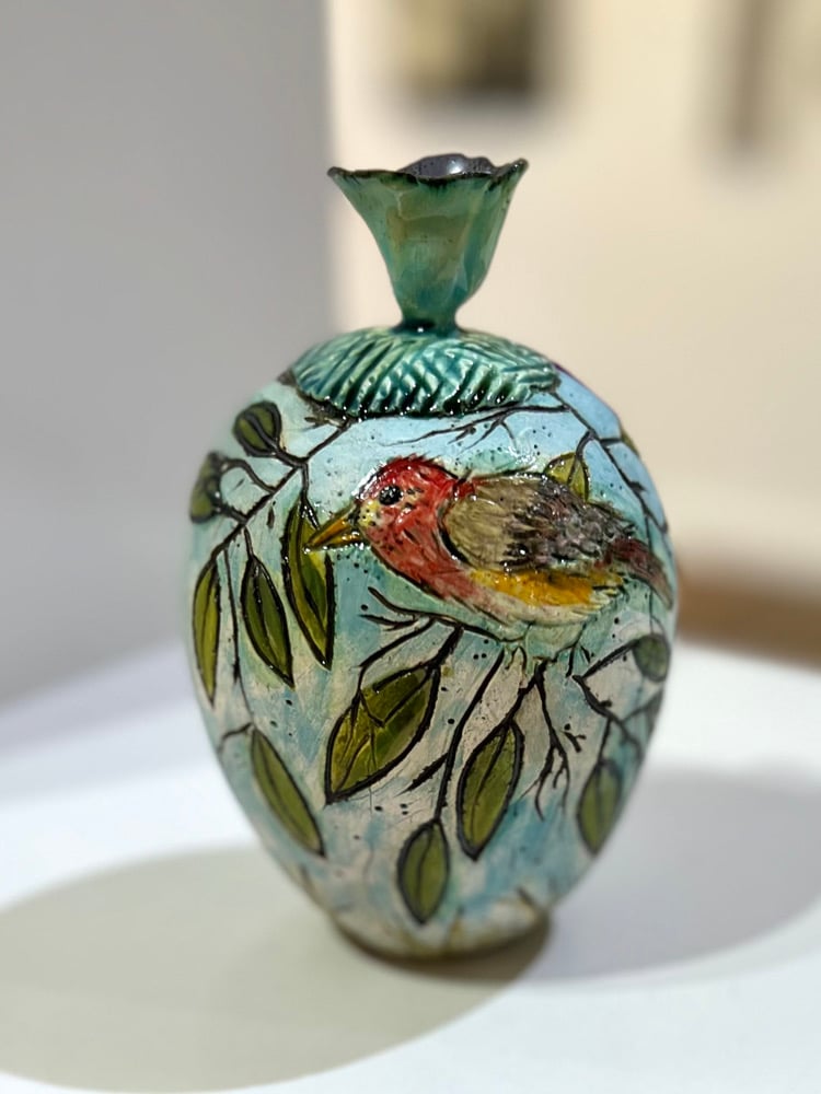 Image of Red Finch in the Treetops Vessel- Cynthia Marks