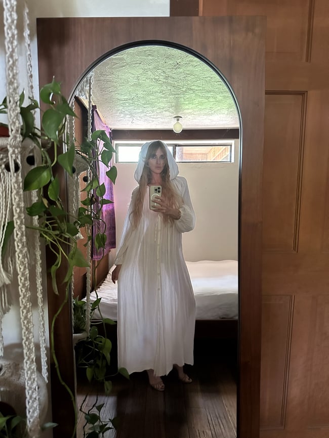 late 60s early 1970s gauze caftan maxi dress with hood