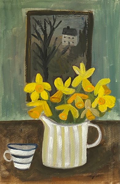 Image of daffodils in a striped jug with moody landscape painting 