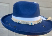 Image 3 of Handmade Navy Fedora Hat Multi Layered Band Charms Seahorse