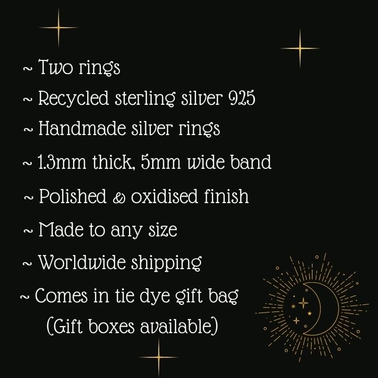 Celestial Sterling Silver Wedding Rings. Crescent Moon & Sun Rings - Oxidised