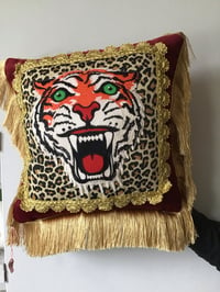 Image 3 of Red Velvet Leopard Tiger Patch Fringed Cushion Cover