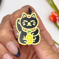 Image 1 of Black Lucky Cat Enamel Pin – Maneki Neko with Gold Accents