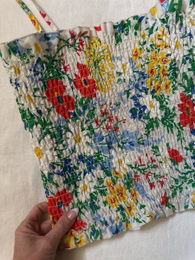 70s ruched floral shoulder tie top 