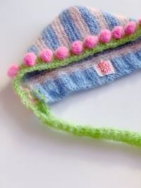 Image 3 of Sofie and Iris Blue, Pale Pink, Green and Bubble Gum Pink Striped Mohair Bubble Bonnet