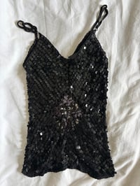 Image 2 of Vintage Y2K black crochet and sequin cami with cut out floral embroidery detail 