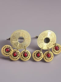 Gold Tone Earrings with Red Stome