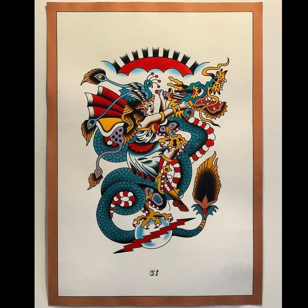 Image of Lady Dragon Fighting Large Painting