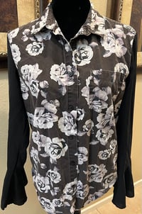 Image 2 of Vintage Funky Black/White Floral Print Shirt Black Flare Sleeves Marilyn Monroe