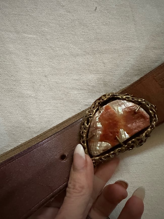 early 1970s leather and abalone buckle French belt