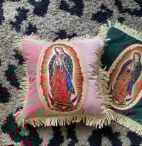 Image 13 of Pink Velvet Cushion with Virgin of Guadalupe appliqué patch