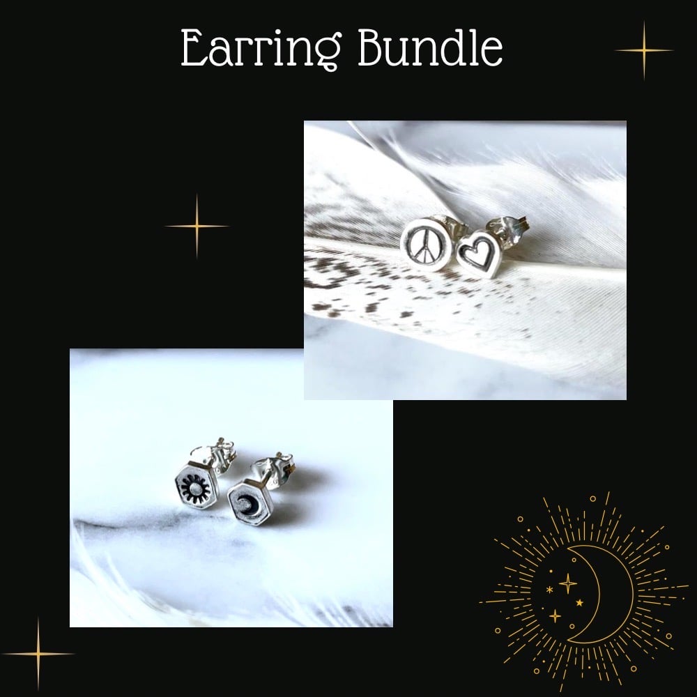 Image of Two Pairs Of Handmade Stud Earrings - Mismatched - Moon & Sun, Peace & Love Heart