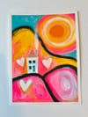 Three cozy hearts and a little house. Painting on paper.