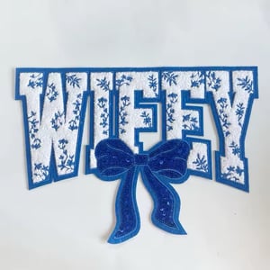 Image of Wifey iron on patch, Large wifey chenille patch, pinky wifey patch with bow, diy iron patch