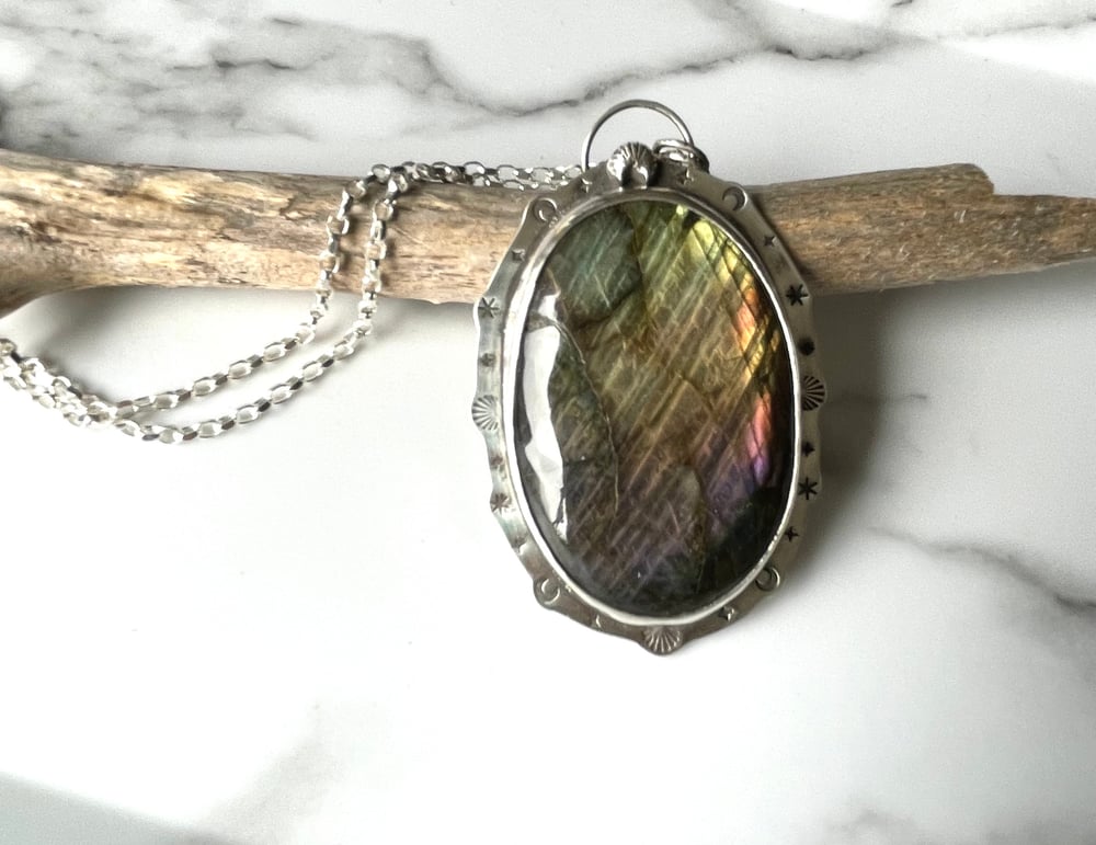 Handmade Sterling Silver Rainbow Labradorite Celestial Statement Pendant 925