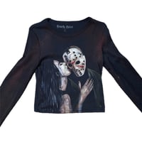 Image 1 of “I LOVE FRIDAY THE 13TH” Custom Bleach Painted Long sleeve Baby Tee SIZE LARGE