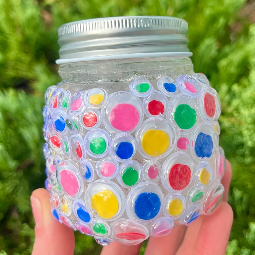 Image of rainbow googly eye jar