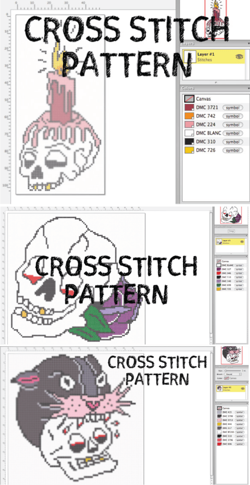 Image of DIY Tattoo Themed Skull Rose, Skull Candle, or Panther Skull Cross Stitch Pattern