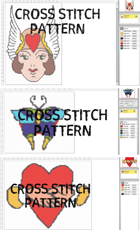 Image of DIY Tattoo Themed Butterfly, Amelia Earhart, Hands Heart Cross Stitch Pattern