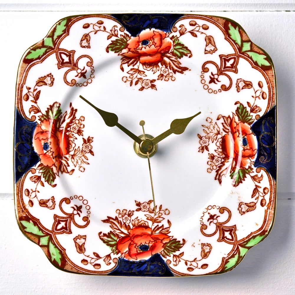 Image of Navy Blue and Brown Square Vintage China Plate Wall Clock